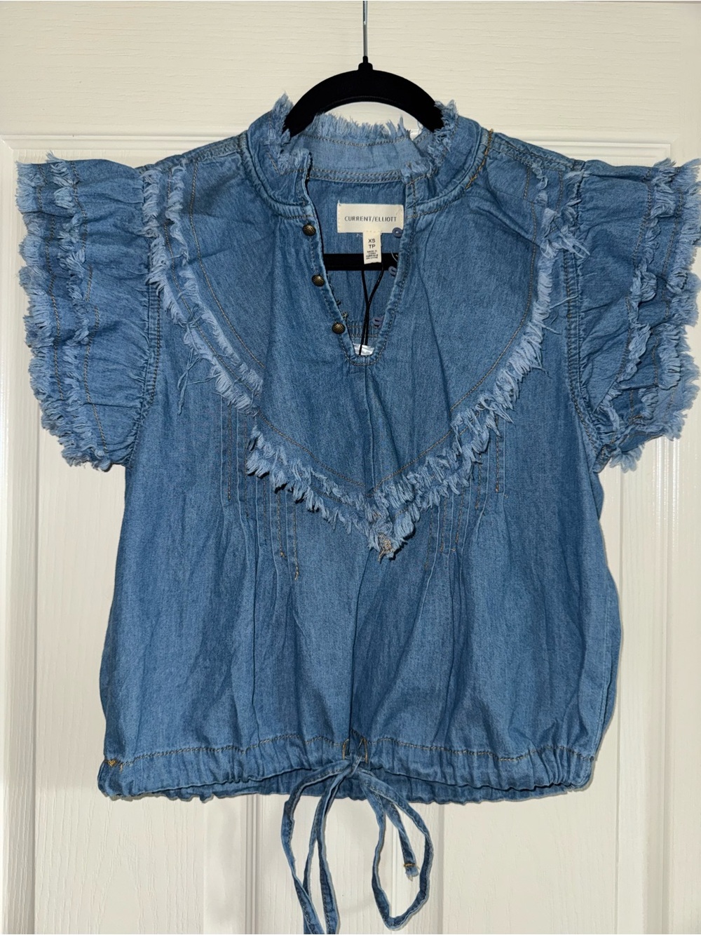 Current/Elliott Blue Frayed Ruffle Sleeve Drawstring Top NWT - Picture 3 of 5